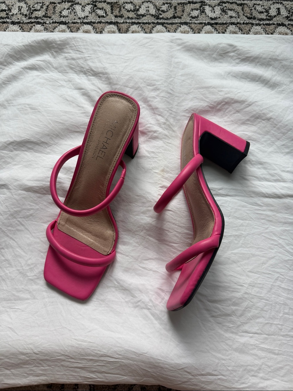 Pink Square-Toe Strappy Block Heel Sandals